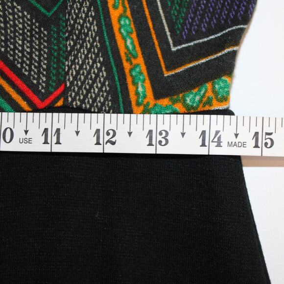 VTG 1970's Sleeveless Tie Neck Secretary Dress Multicolor Chevron & Black sz S - Picture 11 of 14